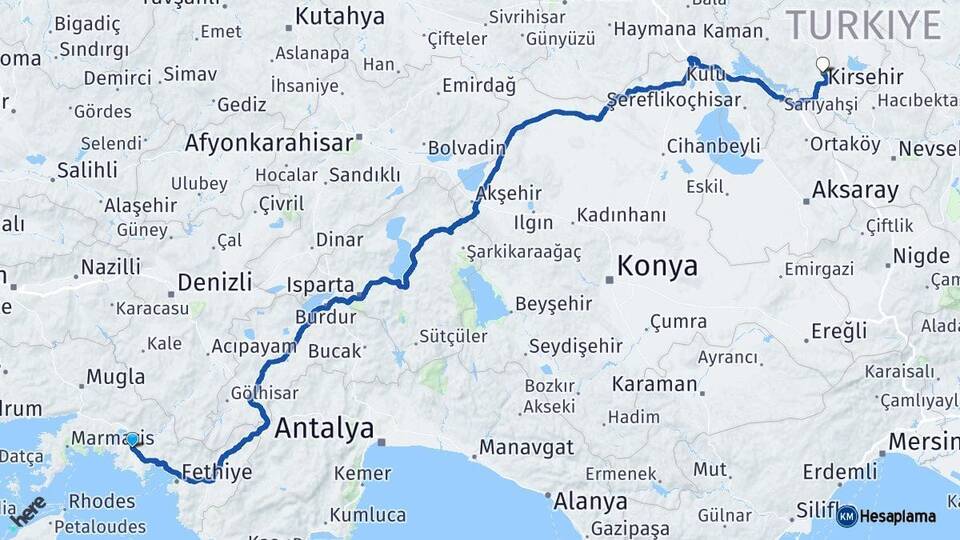 Muğla Ortaca Kırşehir Arası Kaç Km - Yol Haritası