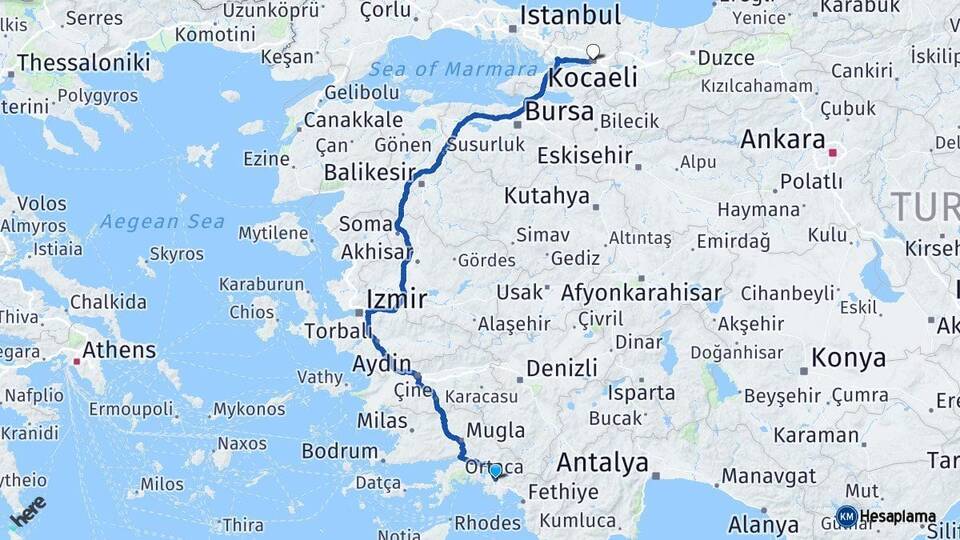 Muğla Ortaca Kocaeli Arası Kaç Km - Yol Haritası