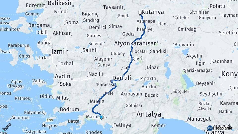 Muğla Ortaca Kütahya Arası Kaç Km - Yol Haritası