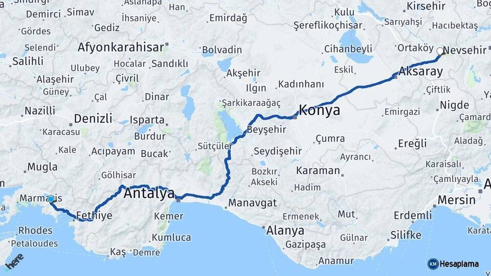 Muğla Ortaca Nevşehir Arası Kaç Km - Yol Haritası