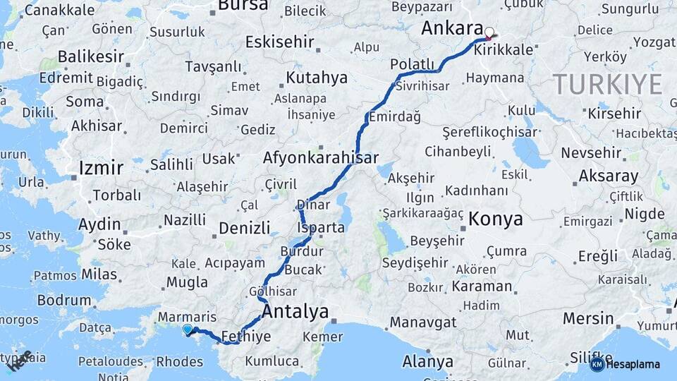 Muğla Ortaca Sarıgerme Ankara Arası Kaç Km - Yol Haritası
