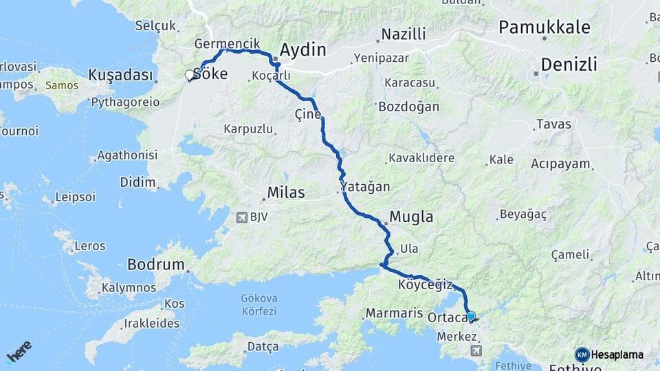 Muğla Ortaca Söke Aydın Arası Kaç Km - Yol Haritası