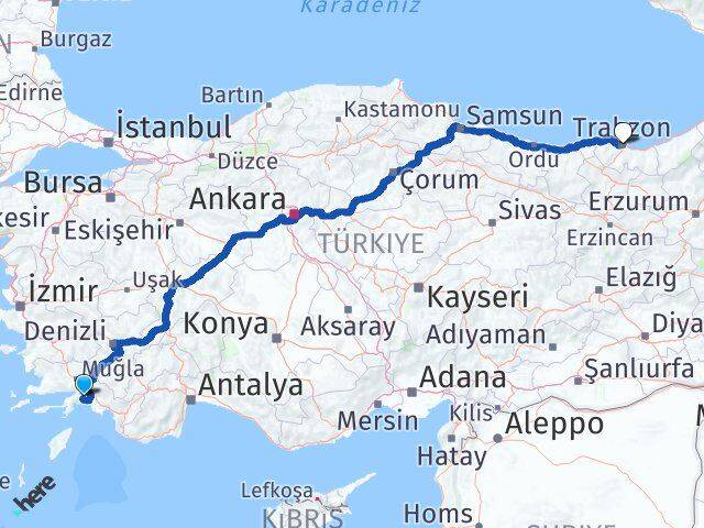 Muğla Ortahisar Trabzon Arası Kaç Km - Yol Haritası