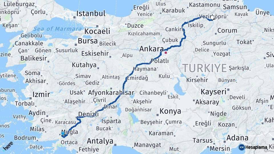 Muğla Osmancık Çorum Arası Kaç Km - Yol Haritası