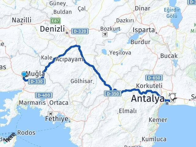 Muğla Otogarı Antalya Havalimanı Arası Kaç Km - Yol Tarifi