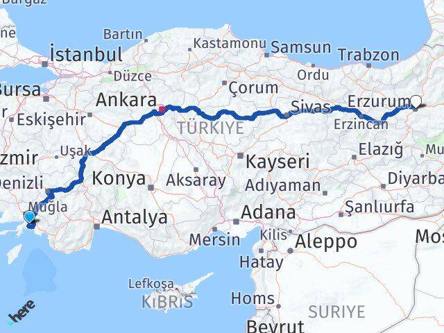 Muğla Palandöken Erzurum Arası Kaç Km - Yol Haritası