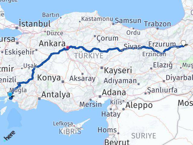 Muğla Pasinler Erzurum Arası Kaç Km - Yol Haritası