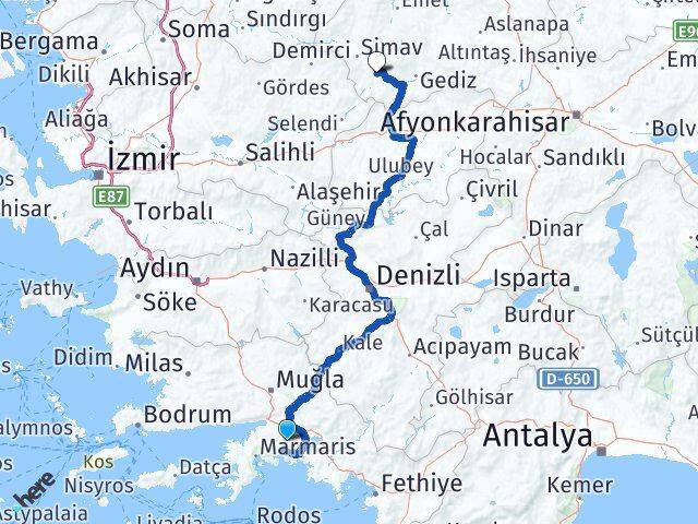 Muğla Pazarlar Kütahya Arası Kaç Km - Yol Haritası
