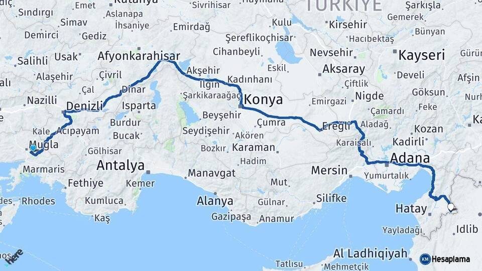 Muğla Reyhanlı Hatay Arası Kaç Km - Yol Haritası