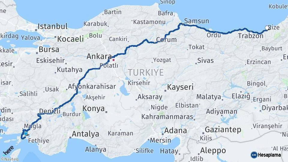Muğla Rize Arası Kaç Km - Yol Haritası