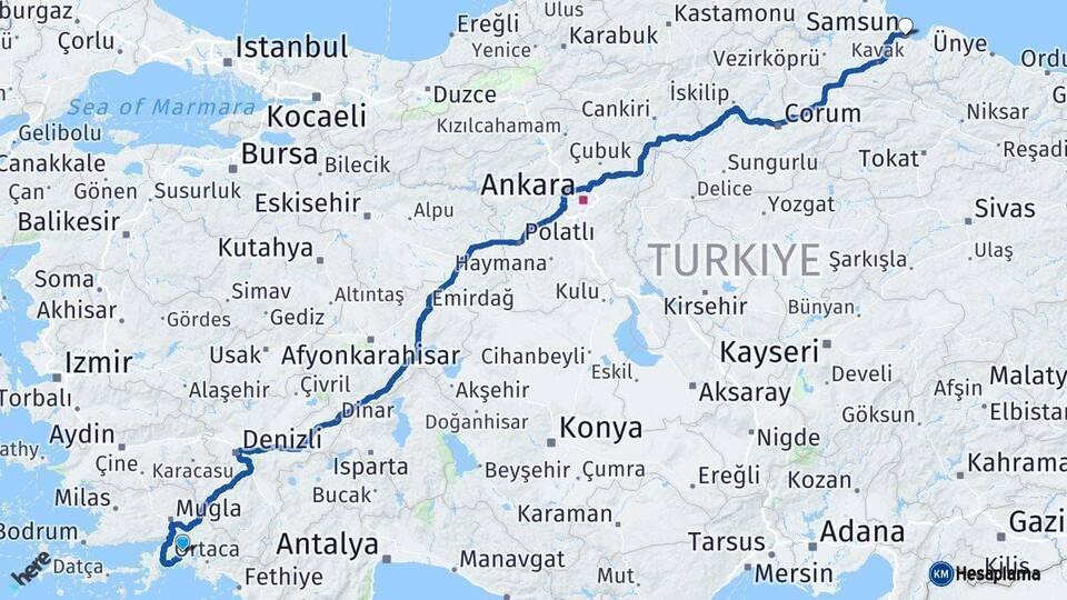 Muğla Samsun Arası Kaç Km - Yol Haritası