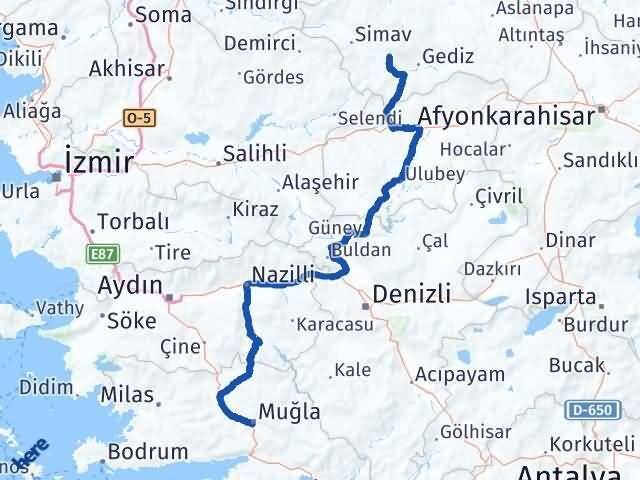 Muğla Şaphane Kütahya Arası Kaç Km - Yol Haritası