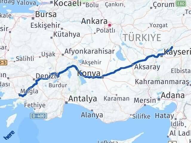 Muğla Sarıoğlan Kayseri Arası Kaç Km - Yol Haritası
