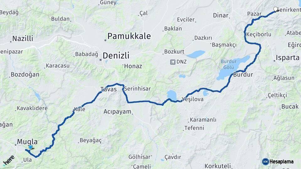Muğla Senirkent Isparta Arası Kaç Km - Yol Haritası