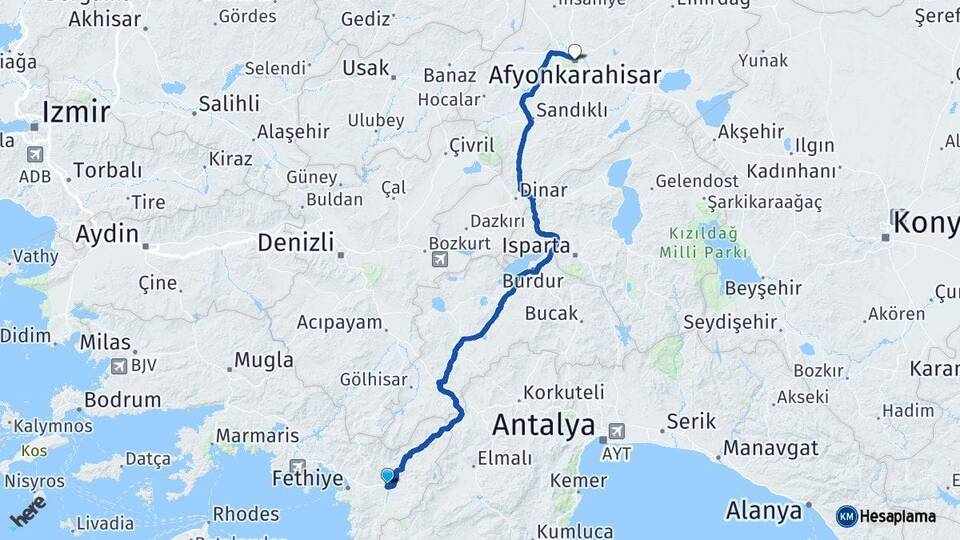 Muğla Seydikemer Afyonkarahisar Arası Kaç Km - Yol Haritası