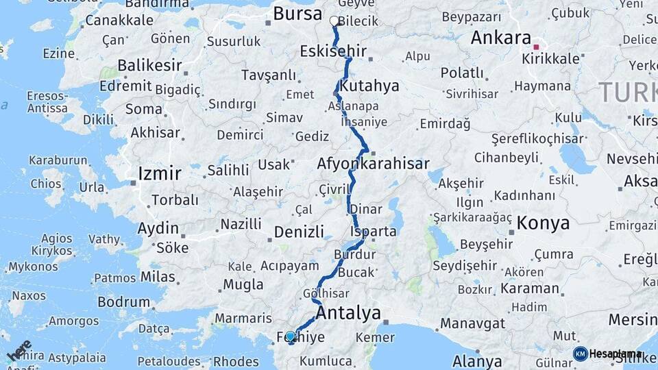 Muğla Seydikemer Bilecik Arası Kaç Km - Yol Haritası