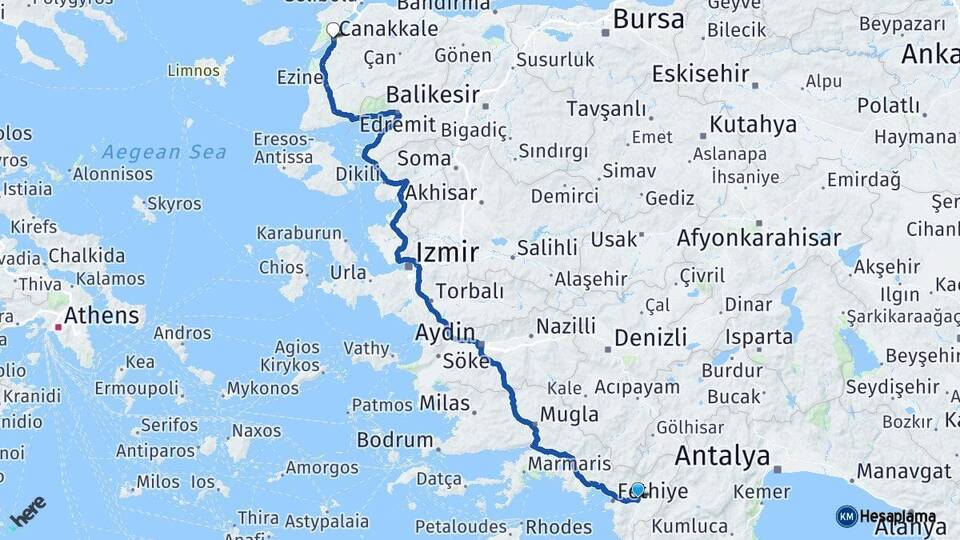 Muğla Seydikemer Çanakkale Arası Kaç Km - Yol Haritası