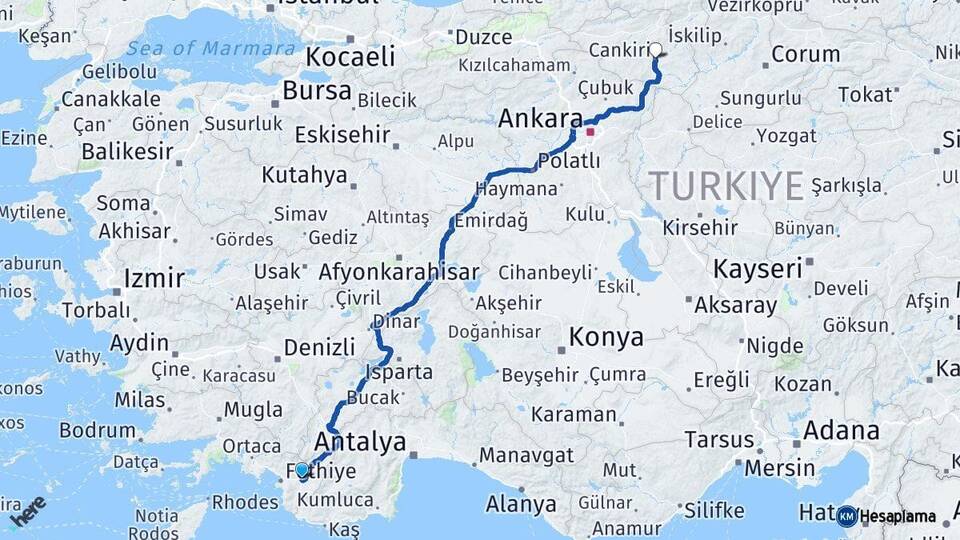 Muğla Seydikemer Çankırı Arası Kaç Km - Yol Haritası