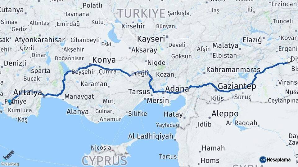 Muğla Seydikemer Diyarbakır Arası Kaç Km - Yol Haritası