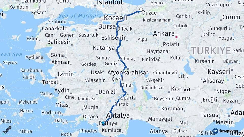 Muğla Seydikemer Düzce Arası Kaç Km - Yol Haritası