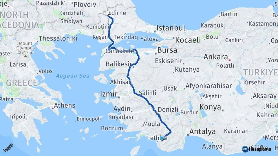 Muğla Seydikemer Edirne Arası Kaç Km - Yol Haritası