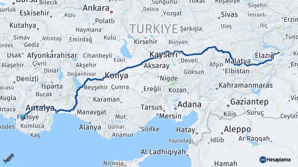 Muğla Seydikemer Elazığ Arası Kaç Km - Yol Haritası
