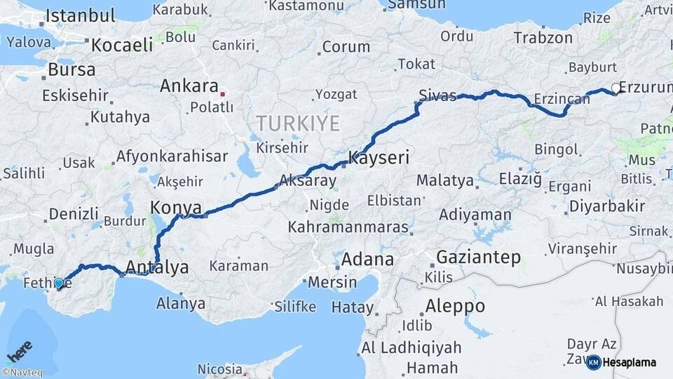 Muğla Seydikemer Erzurum Arası Kaç Km - Yol Haritası