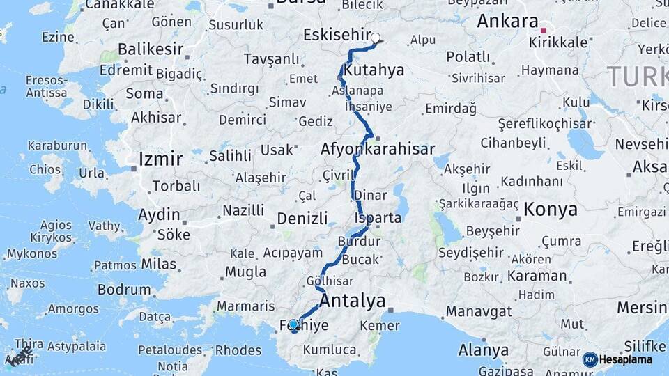 Muğla Seydikemer Eskişehir Arası Kaç Km - Yol Haritası