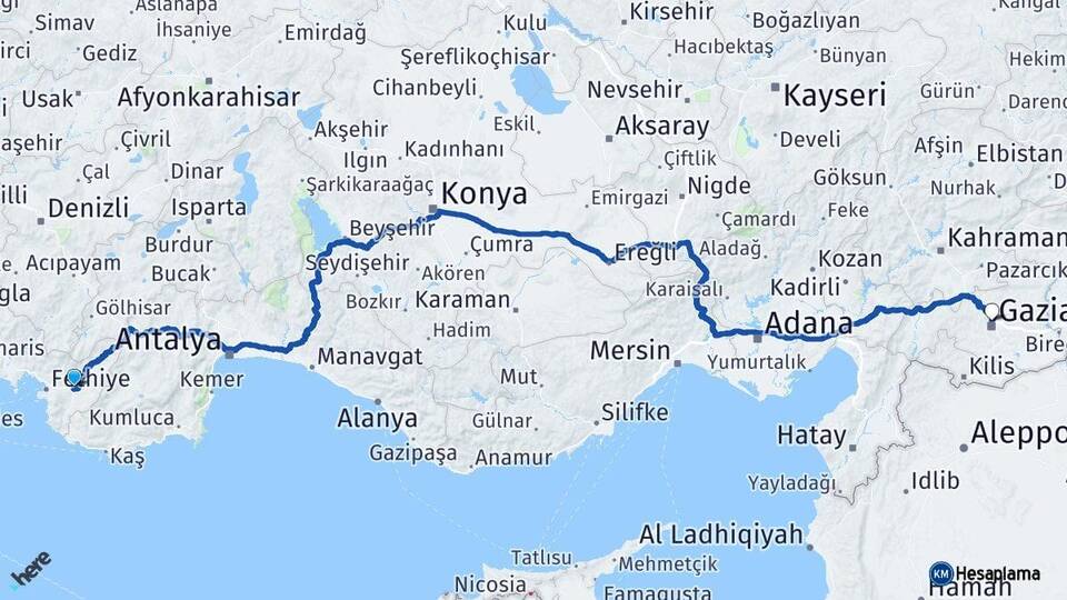Muğla Seydikemer Gaziantep Arası Kaç Km - Yol Haritası