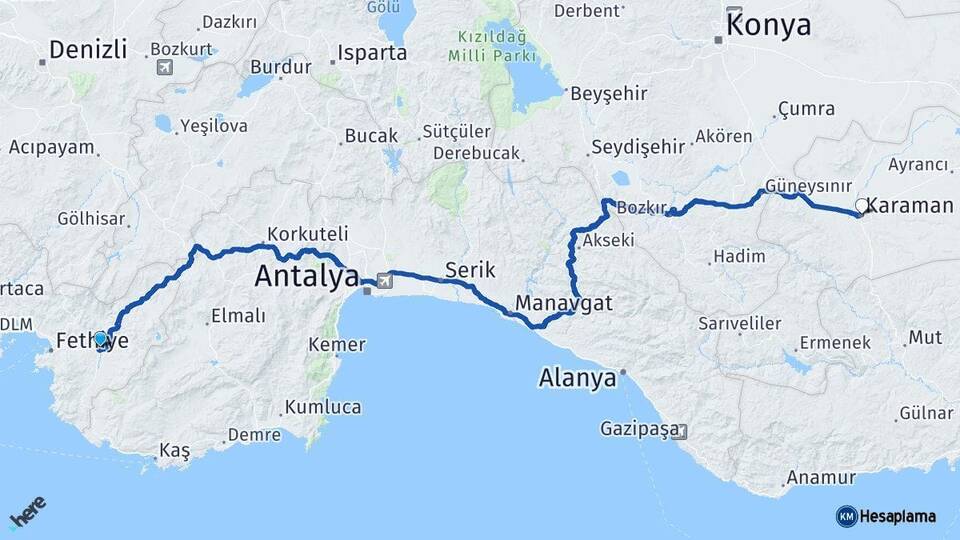 Muğla Seydikemer Karaman Arası Kaç Km - Yol Haritası