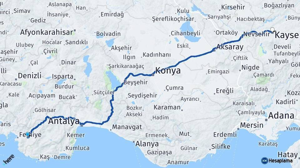 Muğla Seydikemer Kayseri Arası Kaç Km - Yol Haritası