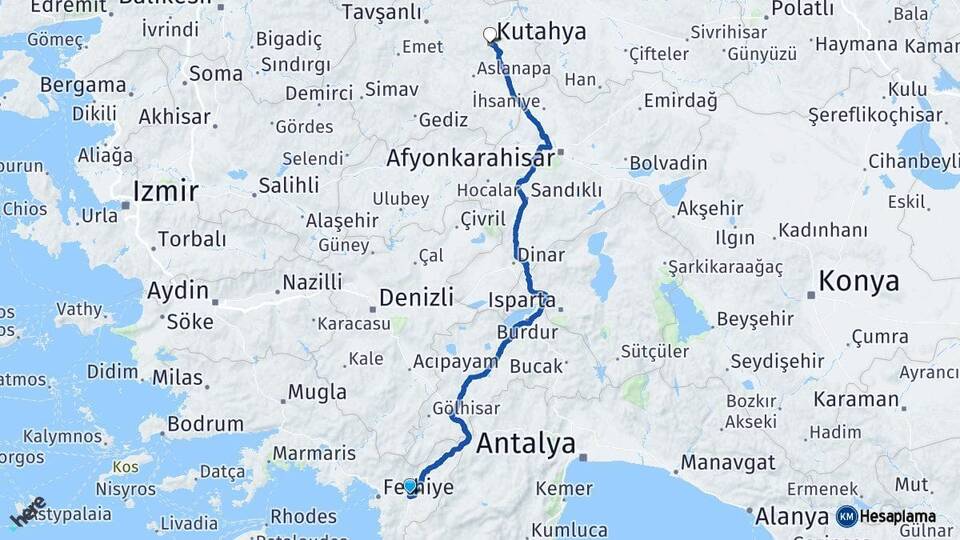 Muğla Seydikemer Kütahya Arası Kaç Km - Yol Haritası