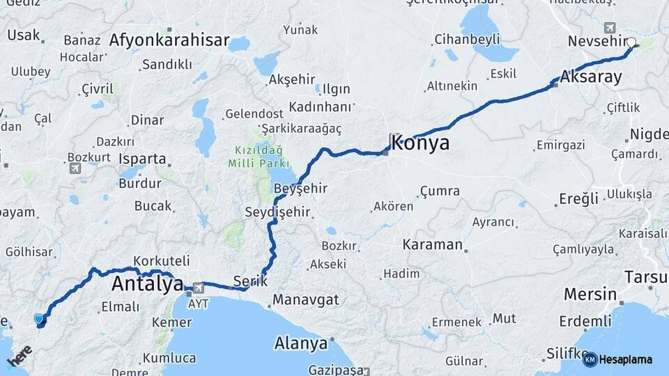 Muğla Seydikemer Nevşehir Arası Kaç Km - Yol Haritası
