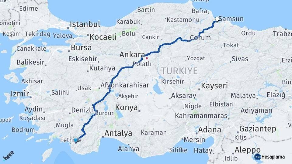 Muğla Seydikemer Samsun Arası Kaç Km - Yol Haritası