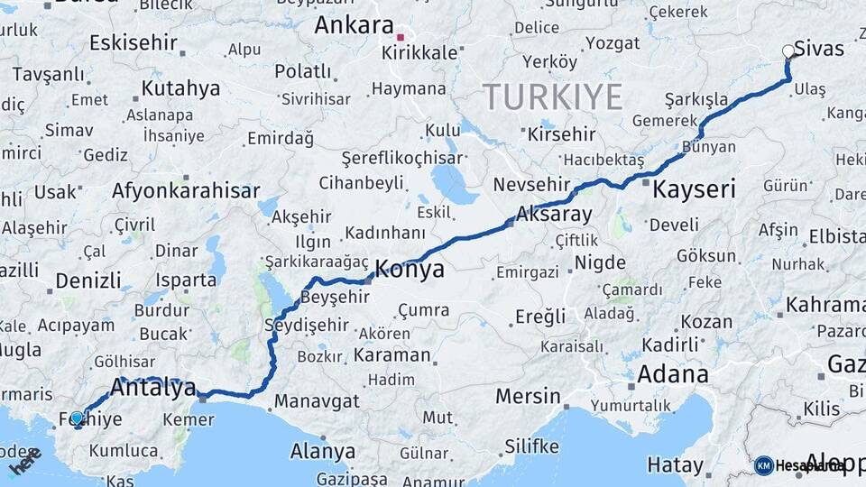 Muğla Seydikemer Sivas Arası Kaç Km - Yol Haritası