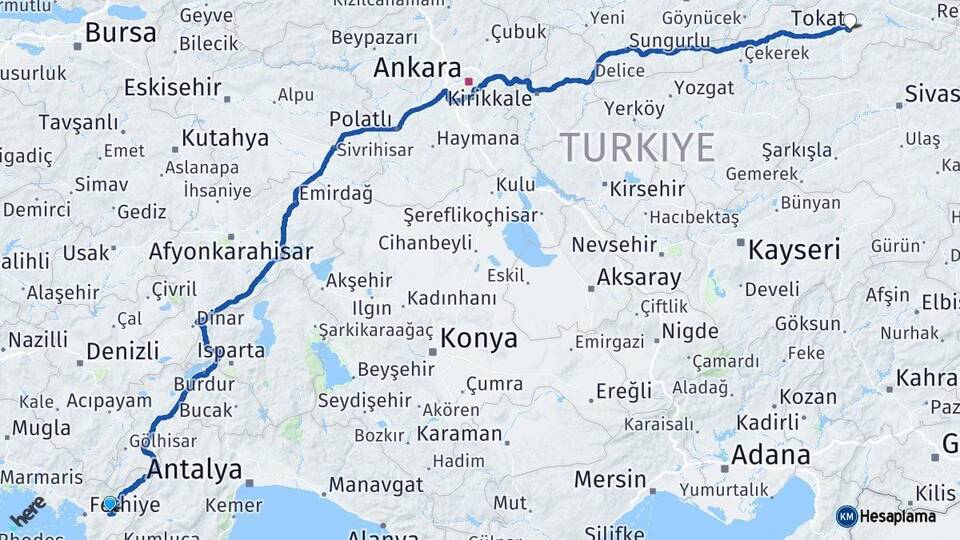 Muğla Seydikemer Tokat Arası Kaç Km - Yol Haritası