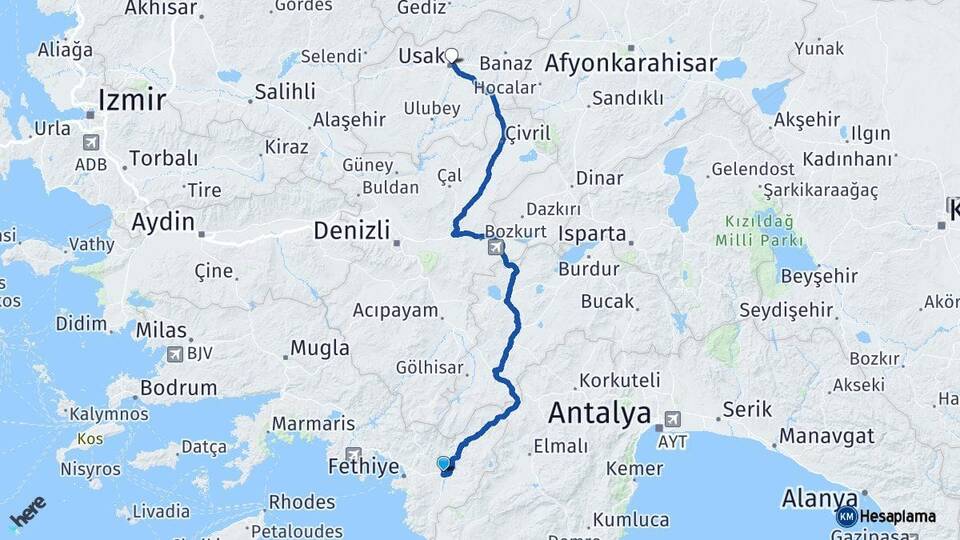 Muğla Seydikemer Uşak Arası Kaç Km - Yol Haritası