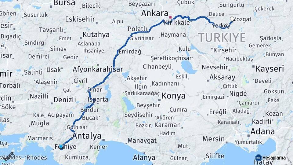 Muğla Seydikemer Yozgat Arası Kaç Km - Yol Haritası