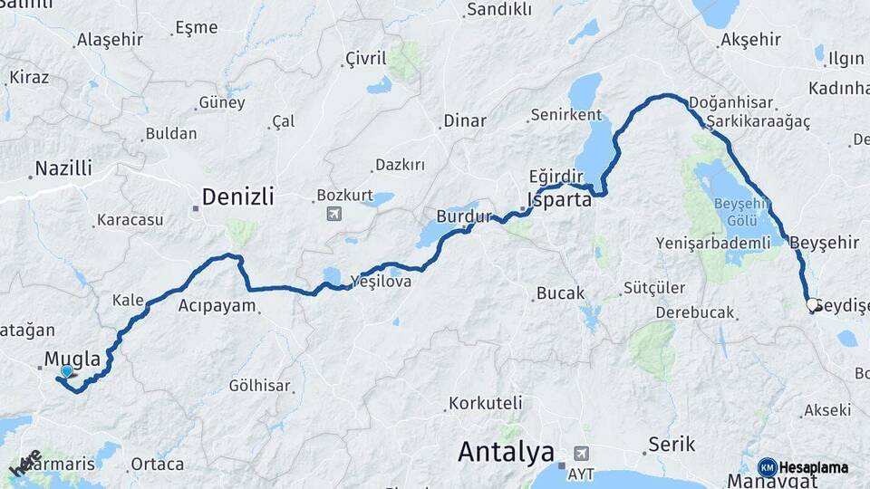 Muğla Seydişehir Konya Arası Kaç Km - Yol Haritası