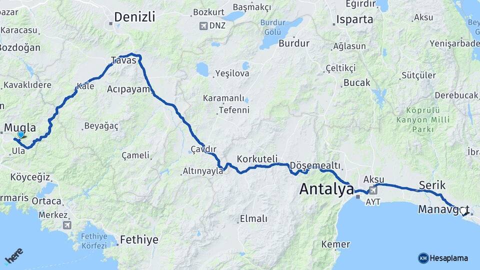 Muğla Side Manavgat Antalya Arası Kaç Km - Yol Haritası