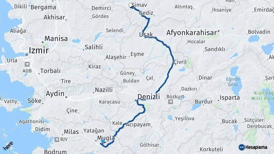 Muğla Simav Kütahya Arası Kaç Km - Yol Haritası