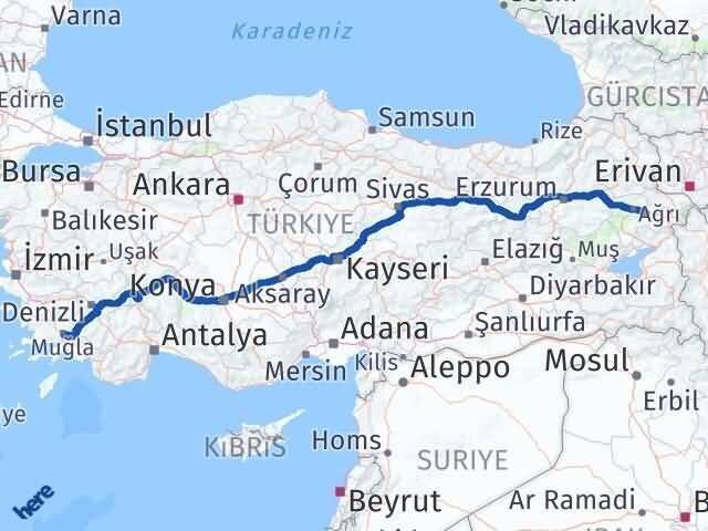 Muğla Taşlıçay Ağrı Arası Kaç Km - Yol Haritası