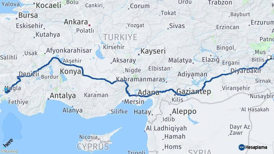Muğla Tatvan Bitlis Arası Kaç Km - Yol Haritası