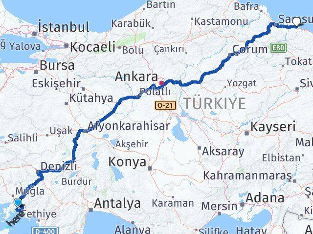 Muğla Terme Samsun Arası Kaç Km - Yol Haritası