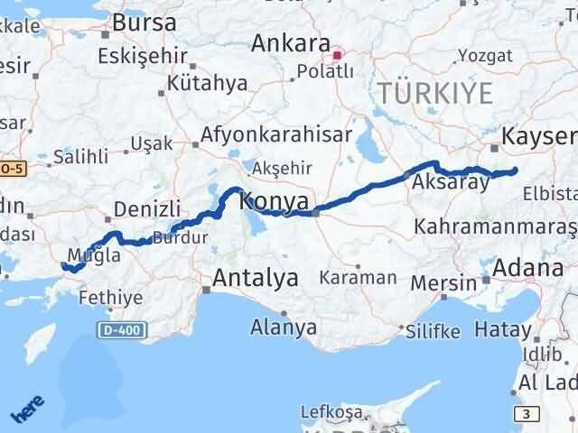Muğla Tomarza Kayseri Arası Kaç Km - Yol Haritası