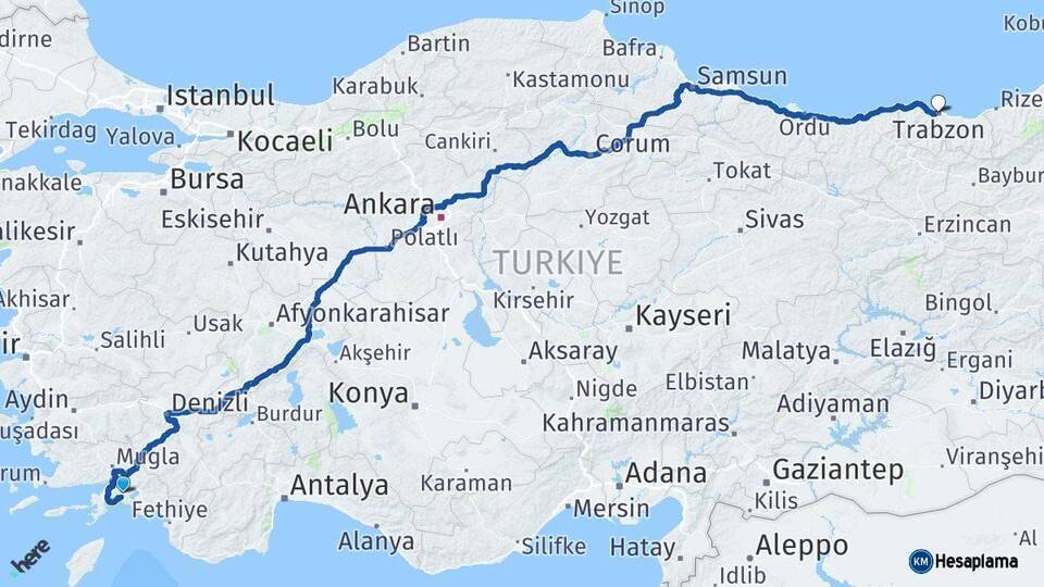 Muğla Trabzon Arası Kaç Km - Yol Haritası