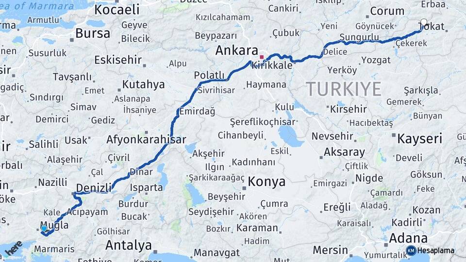 Muğla Turhal Tokat Arası Kaç Km - Yol Haritası