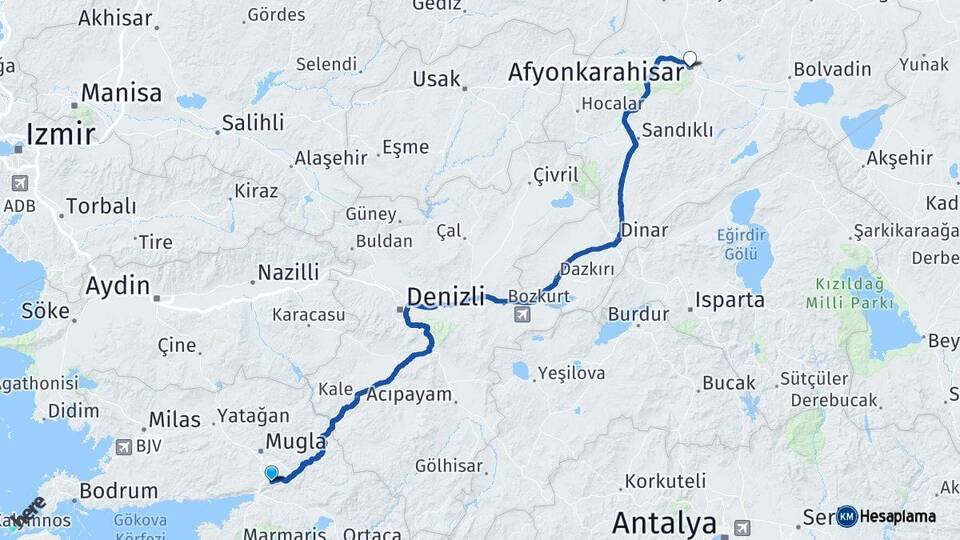 Muğla Ula Afyonkarahisar Arası Kaç Km - Yol Haritası