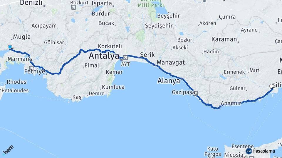 Muğla Ula Akyaka Silifke Mersin Arası Kaç Km - Yol Haritası