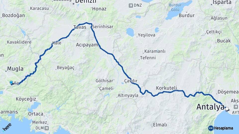 Muğla Ula Antalya Arası Kaç Km - Yol Haritası